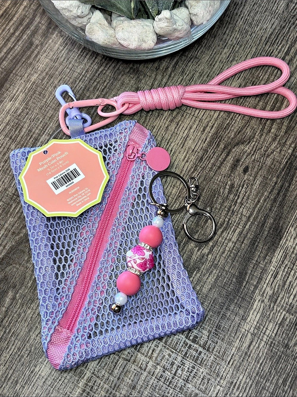 🔥5 for $25🔥Pink Cabana Mesh Coin Pouch in Purple & Pink with Handmade Keychain
